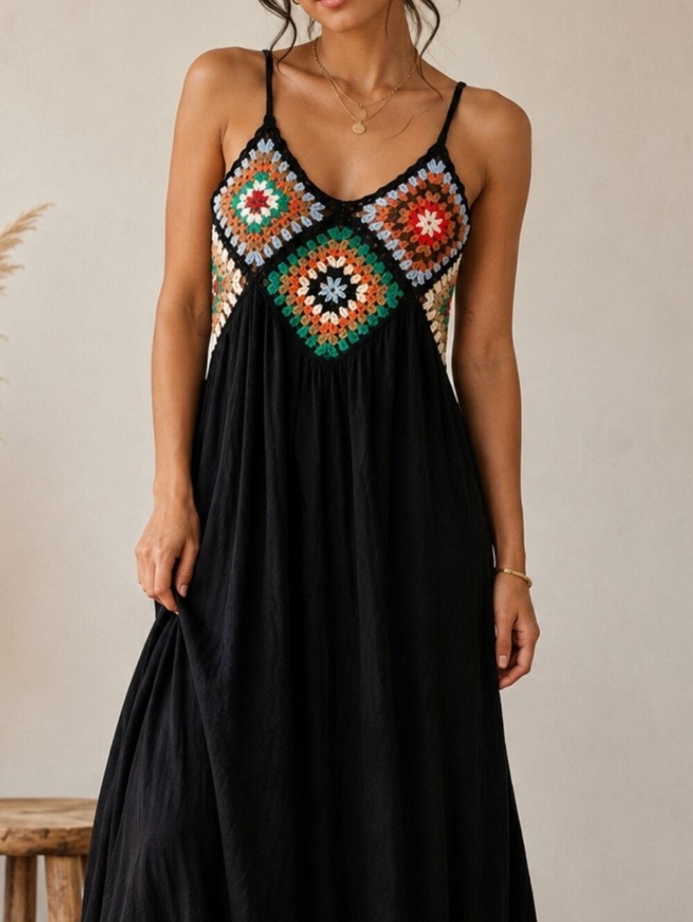 Girls Black Spaghetti-Strap Dress with Colorful Crochet Yoke